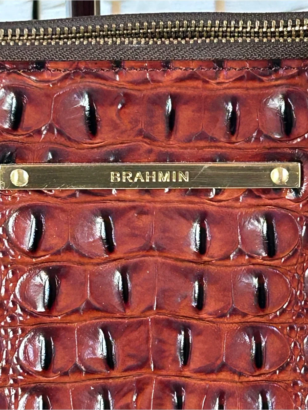 BRAHMIN BLAKE Carryall Brown Chestnut Croc-Embossed Satchel Tote Bag Convertible